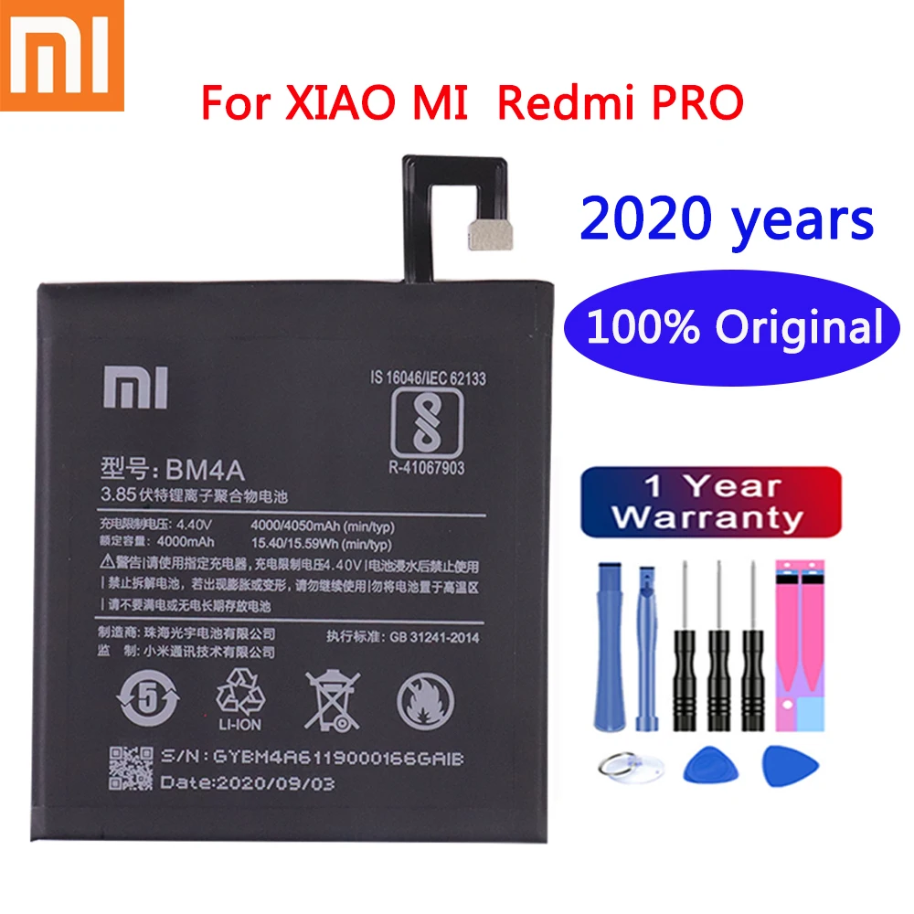 2020 год, 100% оригинальный Аккумулятор 4000 мАч BM4A, Аккумуляторы для телефонов Xiaomi Hongmi Redmi Pro Battery + инструменты