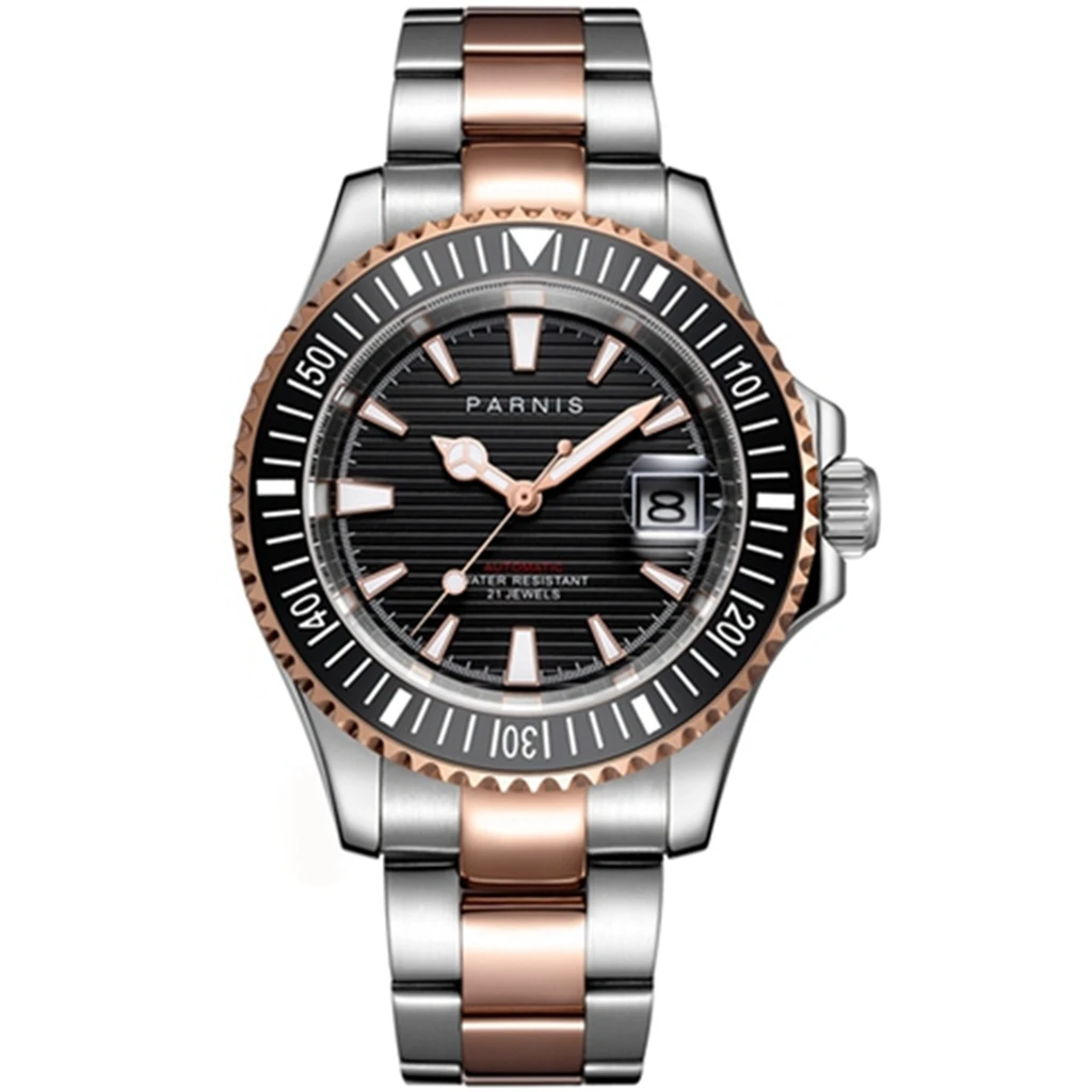 Роскошные 41-миллиметровые позолоченные часы Parnis с черным циферблатом из сапфирового стекла, светящийся керамический безель, Автоматические наручные часы для мужчин E2630