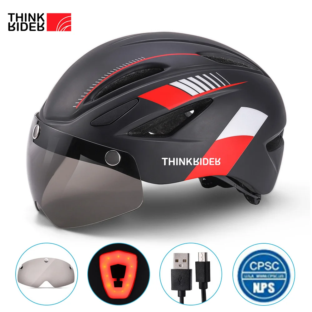 Велосипедный шлем ThinkRider с козырьком, магнитными очками и задними фонарями 58-61 см для Мужчин и Женщин, Горный Шоссейный велосипед, Велосипедный шлем