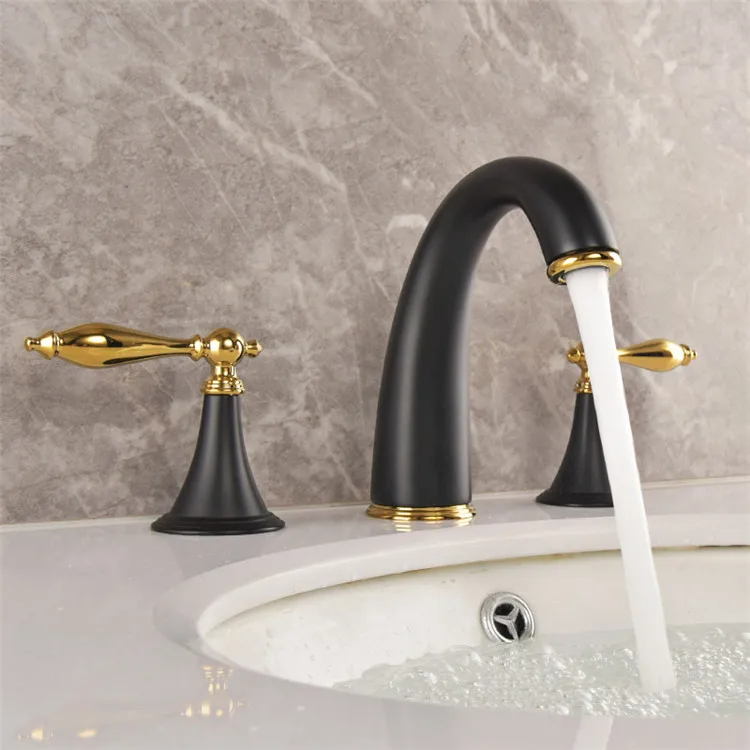Черный золотой латунный смеситель для раковины в ванной комнате с тремя отверстиями и двумя ручками, смеситель для бассейна с холодной и горячей водой, популярный дизайн, кран хорошего качества
