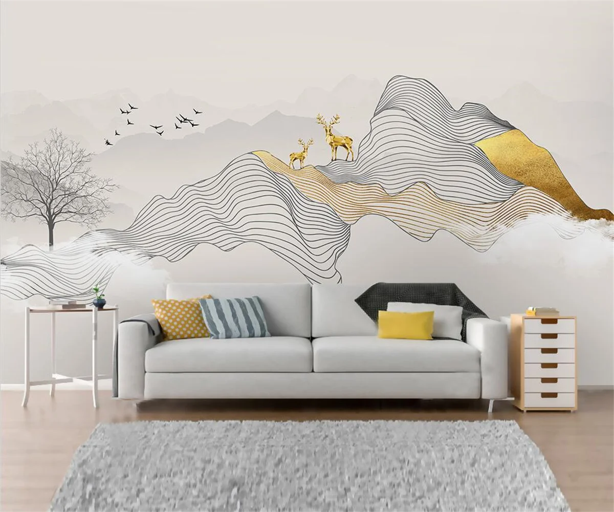 Пользовательские большие фрески новые китайские абстрактные чернильные линии дымчатый пейзаж художественная концепция лось спальня фон стены 3D обои