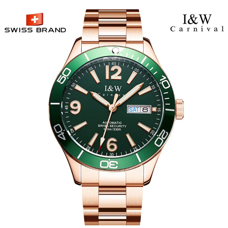 Люксовый бренд I & W Carnival Япония MIYOTA Автоматические механические мужские часы 100 м Водонепроницаемый сапфировый светящийся с автоматической датой C534-1