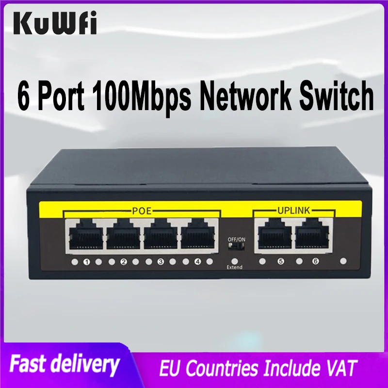 Kuwfi 48v POE Сетевой коммутатор 10/100 Мбит/с Ethernet-коммутатор RJ45 Инжекторный Коммутатор С 4 Портами Для IP-камеры/Беспроводной точки доступа/Wifi-маршрутизатора