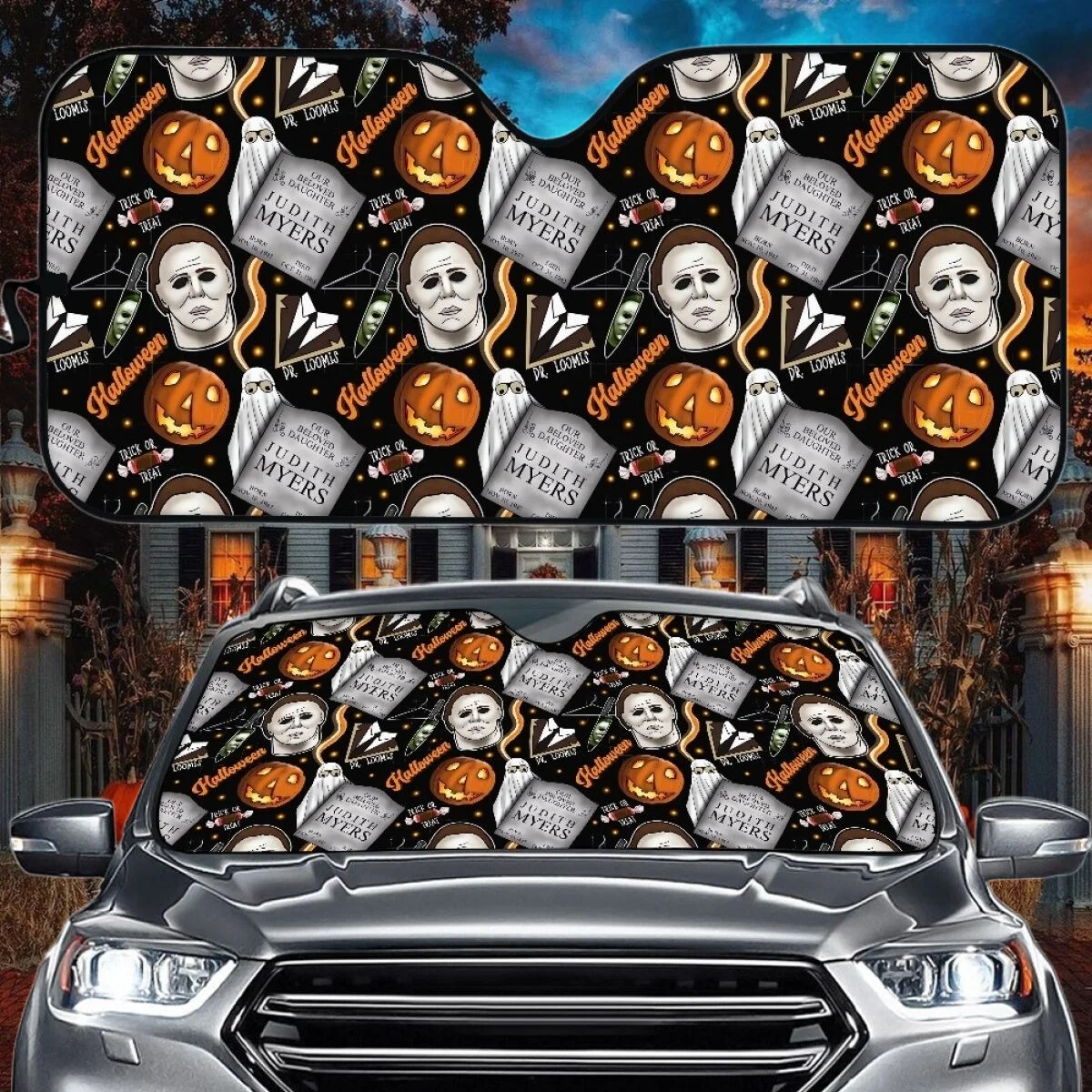 Хэллоуин Тыква Майкл Майерс с Рисунком Зомби Солнцезащитный Козырек для автомобиля Фирменный дизайн, Моющиеся чехлы для лобового стекла с УФ-печатью На заказ Изображение