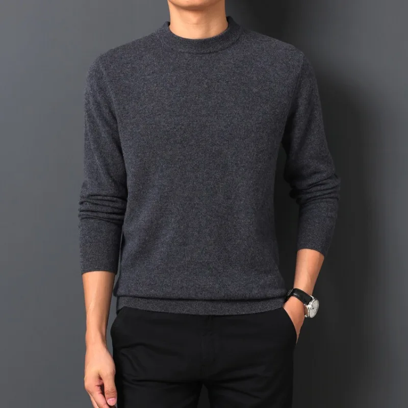 2023 Осенне-зимний новый мужской вязаный пуловер с круглым вырезом, свитер, Модный повседневный однотонный базовый свитер с круглым вырезом Изображение 2 