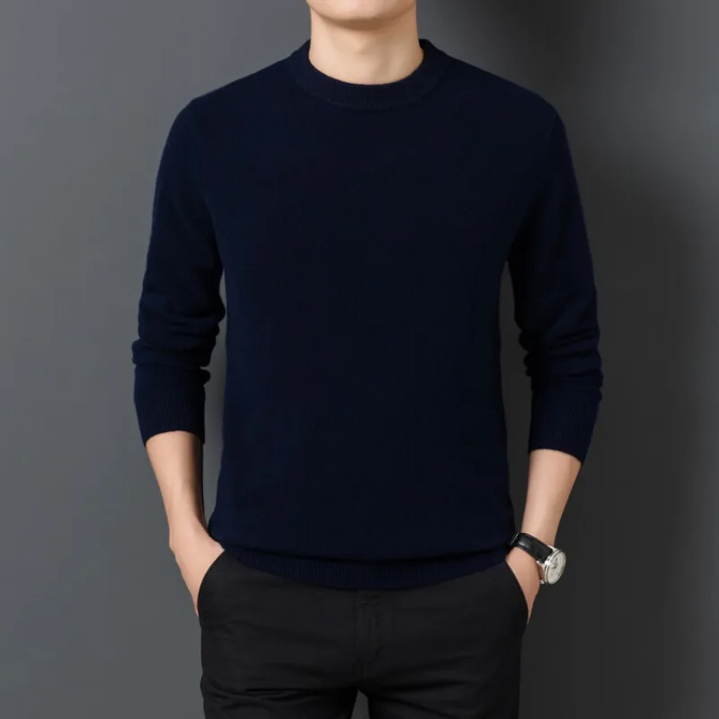 2023 Осенне-зимний новый мужской вязаный пуловер с круглым вырезом, свитер, Модный повседневный однотонный базовый свитер с круглым вырезом Изображение 3 