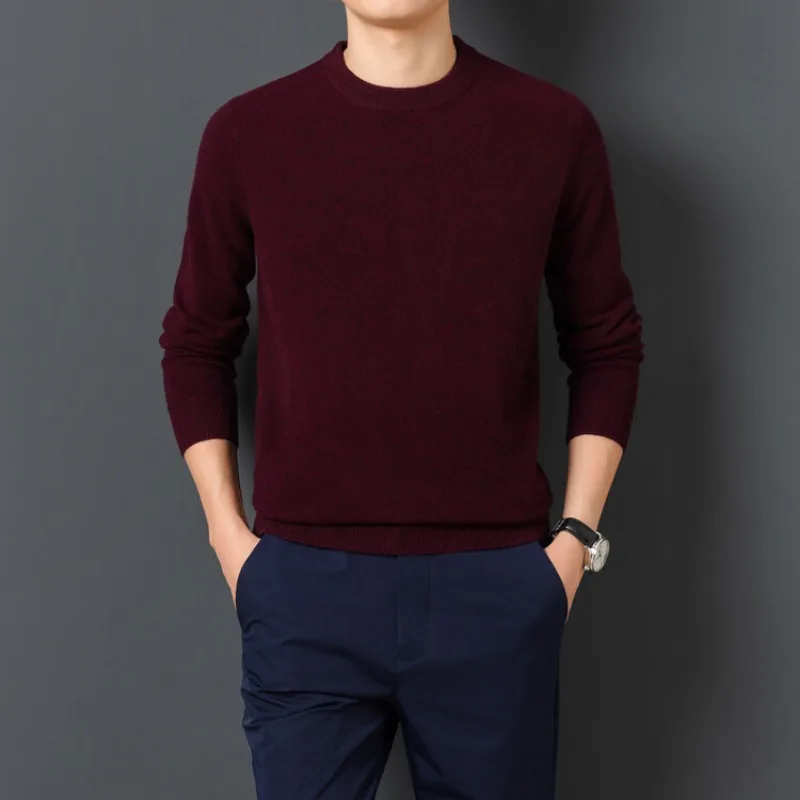 2023 Осенне-зимний новый мужской вязаный пуловер с круглым вырезом, свитер, Модный повседневный однотонный базовый свитер с круглым вырезом Изображение 4 