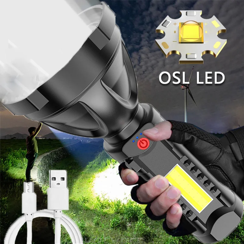 Портативный USB Перезаряжаемый светодиодный фонарик с боковой подсветкой COB 3 режима освещения, сильные огни на открытом воздухе, пеший прожектор для кемпинга
