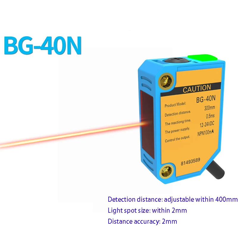 Лазерный фотоэлектрический датчик рассеянного отражения BG-20N, BG-40N, обнаружение отражения с малым точечным фокусом, 400 мм