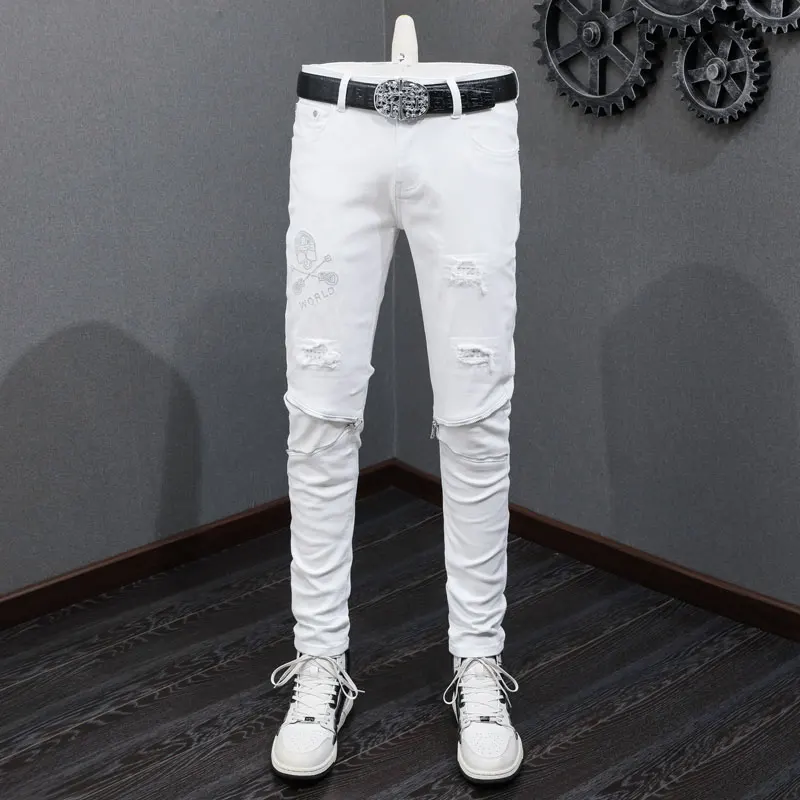 Высокие Уличные Модные Мужские Джинсы, Белые Эластичные облегающие Рваные джинсы с застежкой-молнией, Мужские Дизайнерские брюки в стиле хип-хоп, расшитые бисером, Hombre