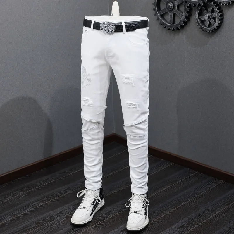 Высокие Уличные Модные Мужские Джинсы, Белые Эластичные облегающие Рваные джинсы с застежкой-молнией, Мужские Дизайнерские брюки в стиле хип-хоп, расшитые бисером, Hombre Изображение 1 