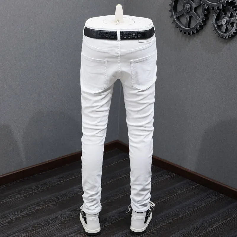 Высокие Уличные Модные Мужские Джинсы, Белые Эластичные облегающие Рваные джинсы с застежкой-молнией, Мужские Дизайнерские брюки в стиле хип-хоп, расшитые бисером, Hombre Изображение 2 
