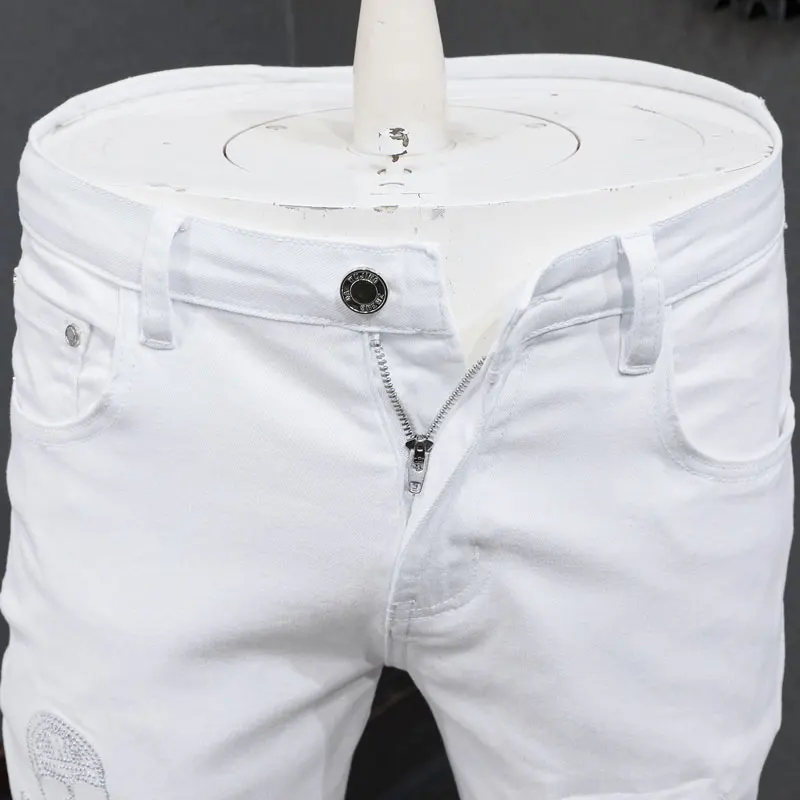 Высокие Уличные Модные Мужские Джинсы, Белые Эластичные облегающие Рваные джинсы с застежкой-молнией, Мужские Дизайнерские брюки в стиле хип-хоп, расшитые бисером, Hombre Изображение 3 