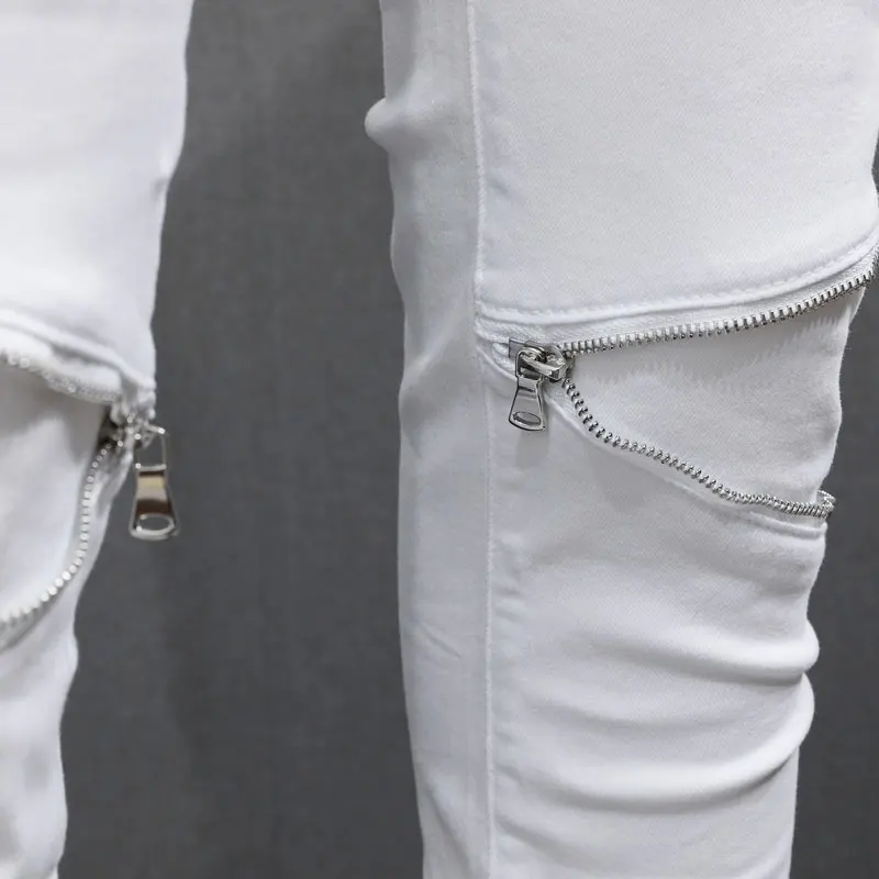 Высокие Уличные Модные Мужские Джинсы, Белые Эластичные облегающие Рваные джинсы с застежкой-молнией, Мужские Дизайнерские брюки в стиле хип-хоп, расшитые бисером, Hombre Изображение 5 
