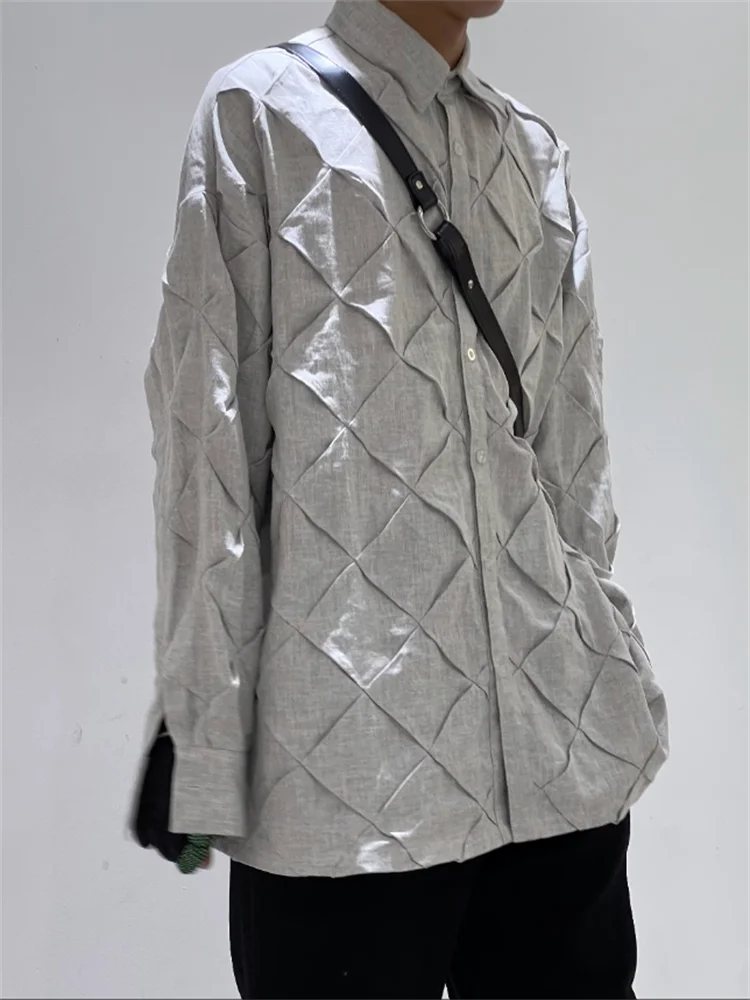 Оригинальный дизайн серебристо-серая плиссированная рубашка с длинным рукавом квадратная плиссированная рубашка плюс размер пальто Изображение 3 