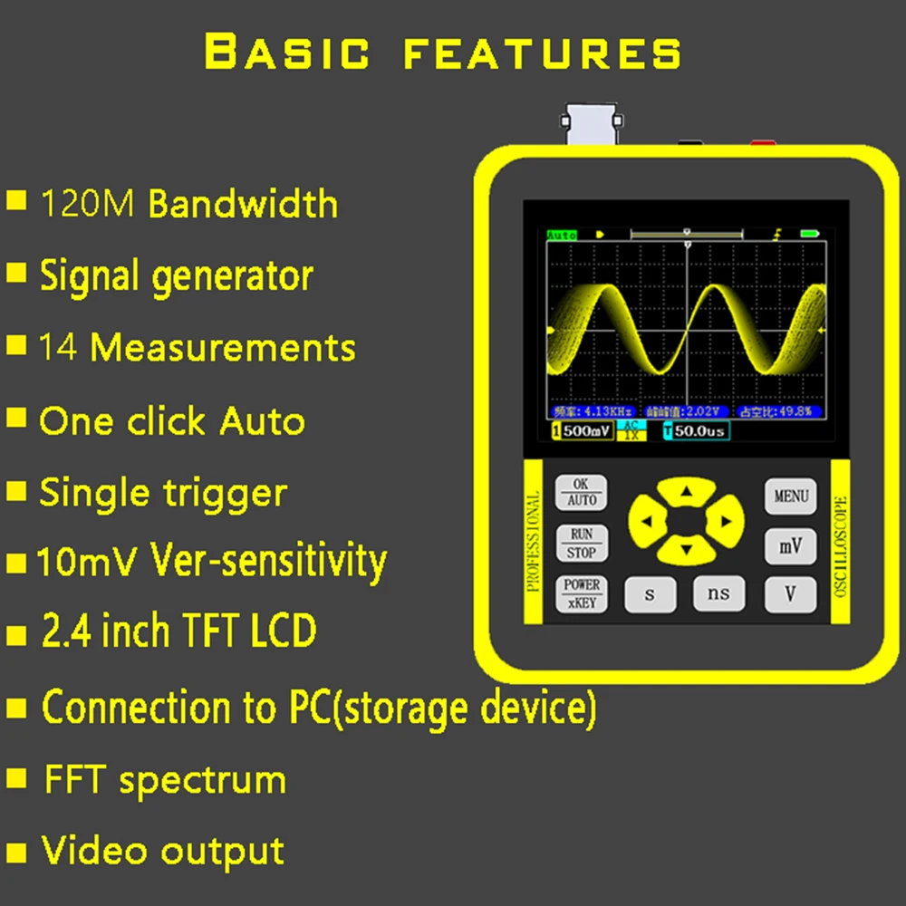 цифровой Осциллограф с 2,4-дюймовым экраном AC/DC120MHz Аналоговая полоса пропускания 500 М Частота дискретизации Поддержка генератора сигналов Ручной Type-C