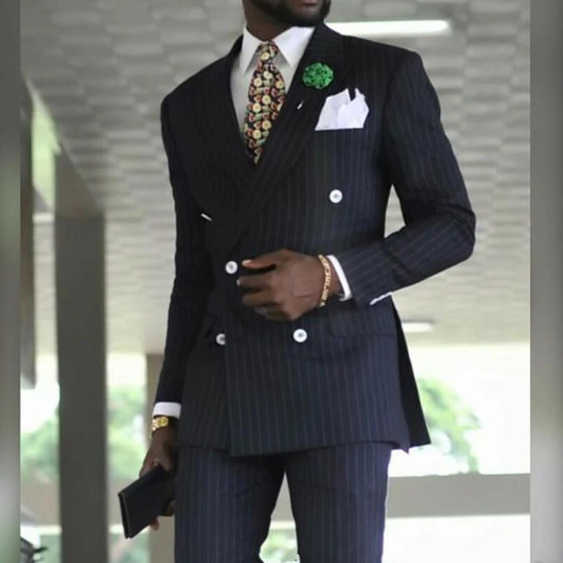Двубортные деловые костюмы в тонкую полоску для мужчин, Официальный свадебный Смокинг, Куртка из 2 предметов с брюками, мужской модный костюм Изображение 1 