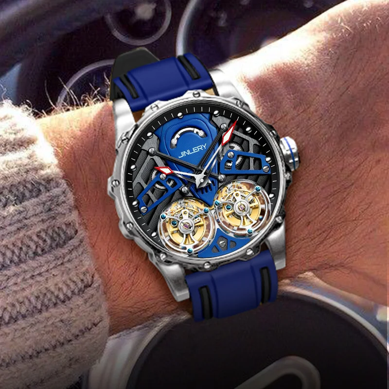 JINLERY Настоящие мужские часы с двойным турбийоном, Модные повседневные часы с маховиком для мужчин, механические наручные часы 2022, подарки часы мужские