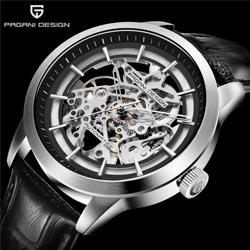 Дизайн PAGANI 2021, Лидирующий бренд, Модные Повседневные Мужские автоматические механические часы, Полый дизайн, Кожаные водонепроницаемые часы из сплава Премиум-класса