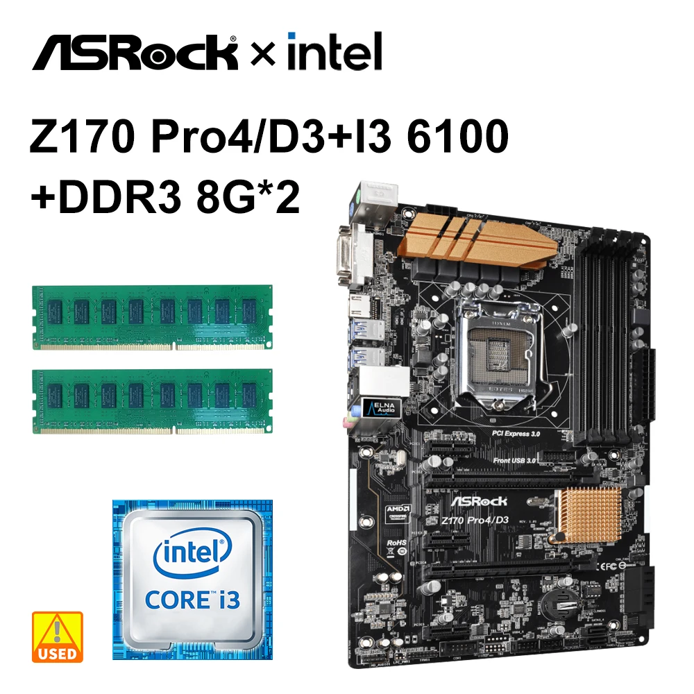 1151 Материнская плата ASRock Z170 PRO4/D3 в комплекте с процессором Intel Core i3-6100 Материнская плата Z170 4 × DDR4 64GB PCI-E 3.0 M.2 6 × SATA3 USB3.0