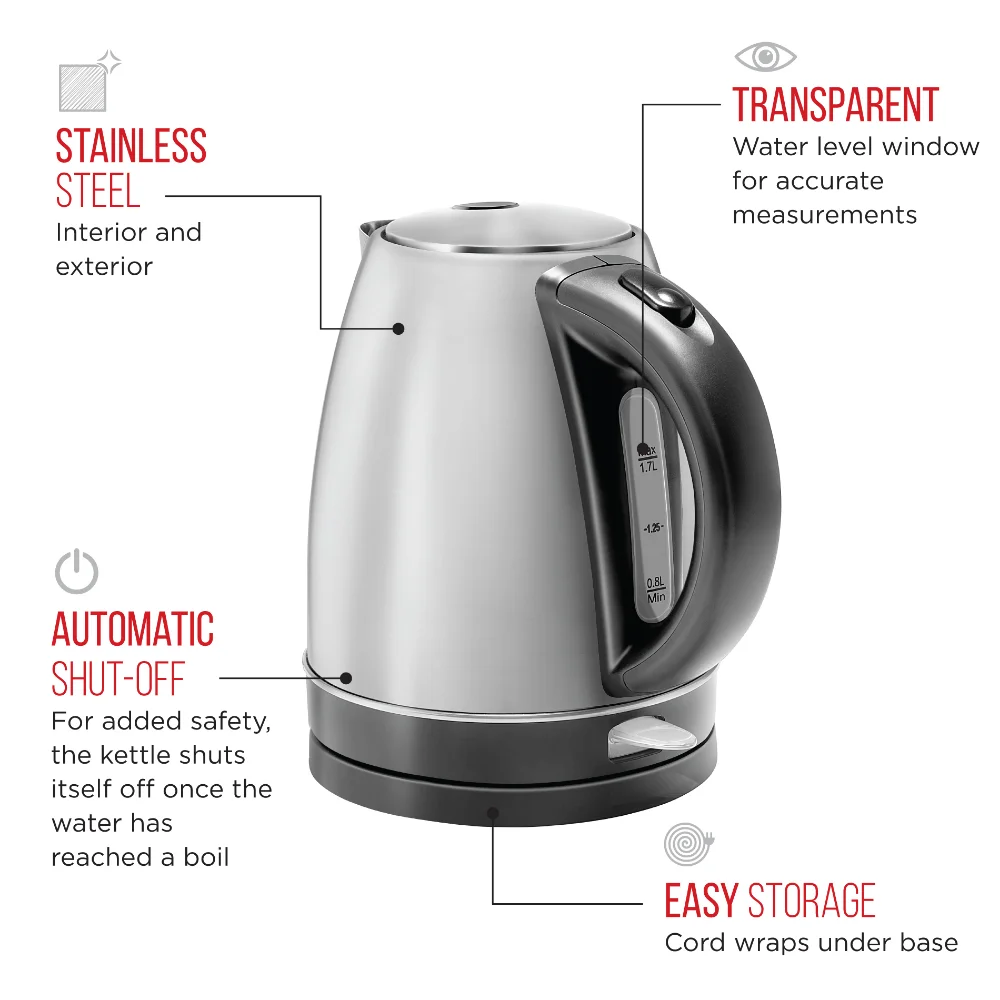 Электрический чайник Chefman из нержавеющей стали, Поворотное основание на 360 °, Автоматическое отключение, Не содержит BPA, 1,7 литра, Электрический чайник мощностью 1500 Вт Изображение 1 