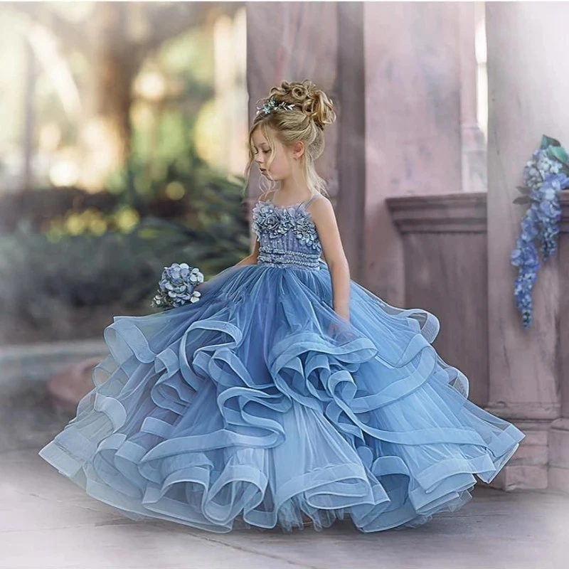Пыльно-голубые платья с цветочным узором для девочек на свадьбу, Детское Праздничное платье из тюля с оборками, платье для Первого причастия