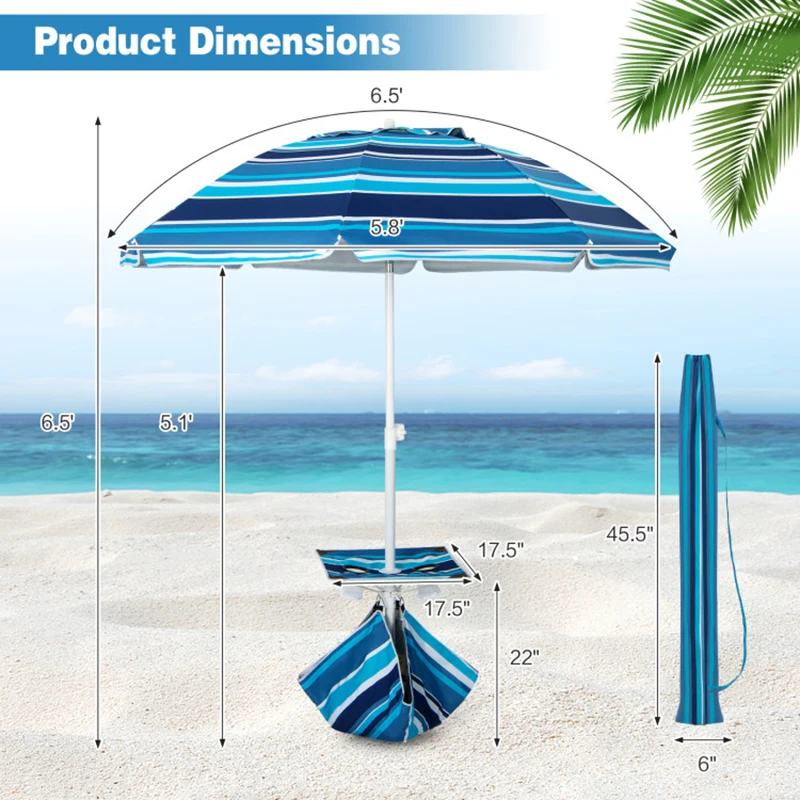 6,5-футовый Пляжный зонт для патио с подстаканником, столом и мешком с песком, уличные полосатые зонты Изображение 2 