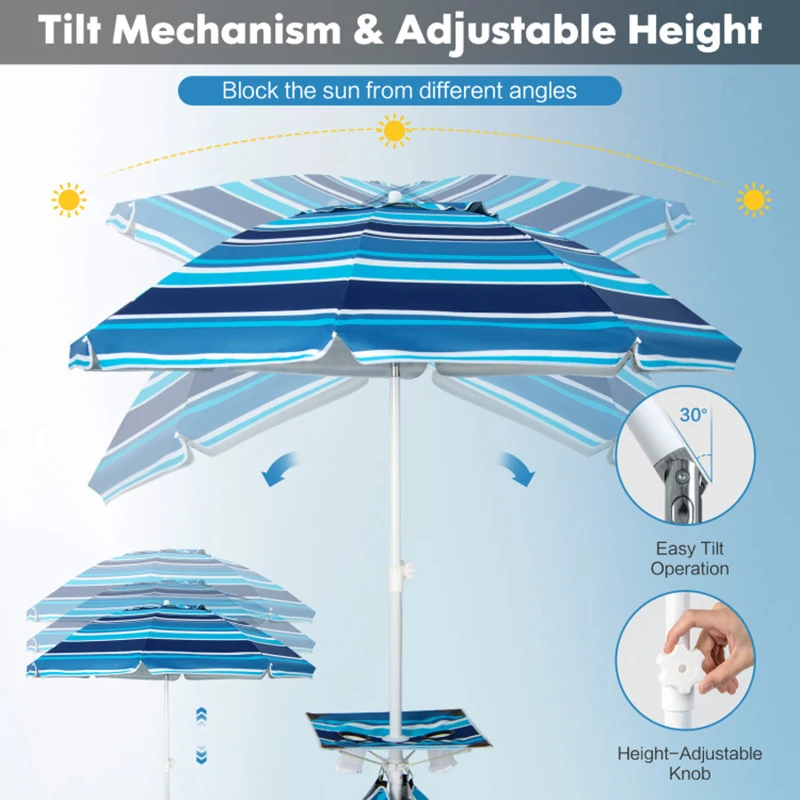 6,5-футовый Пляжный зонт для патио с подстаканником, столом и мешком с песком, уличные полосатые зонты Изображение 3 