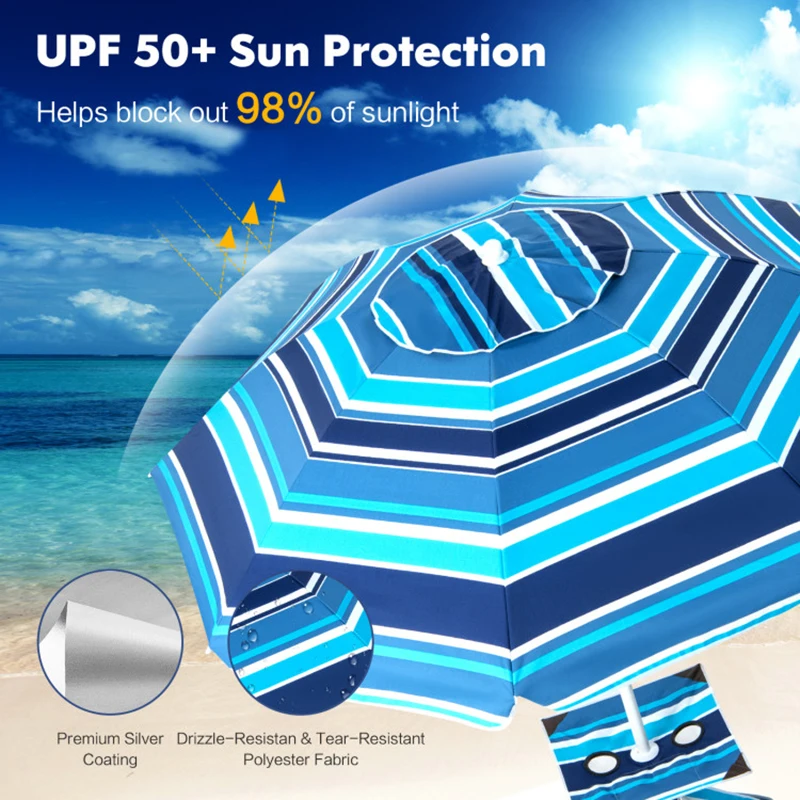 6,5-футовый Пляжный зонт для патио с подстаканником, столом и мешком с песком, уличные полосатые зонты Изображение 4 