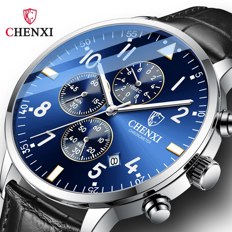 Модные мужские часы CHENXI, Лучший бренд, Роскошные кожаные кварцевые часы с хронографом, Мужские Повседневные Водонепроницаемые спортивные часы для мужчин