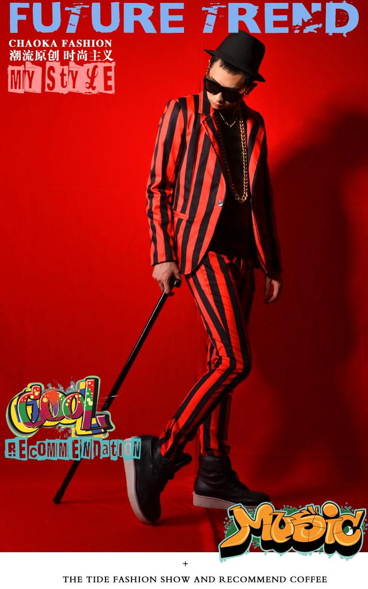 Молодежный поп-певец ночного клуба в британском стиле, DSDJ, повседневный костюм в красную и черную полоску, мужская одежда для выступлений в баре Изображение 1 