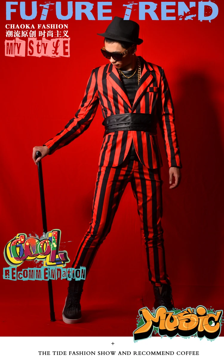 Молодежный поп-певец ночного клуба в британском стиле, DSDJ, повседневный костюм в красную и черную полоску, мужская одежда для выступлений в баре Изображение 2 