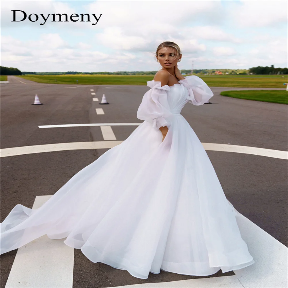 Свадебные платья трапециевидной формы Doymeny, шифоновые, с фестончатыми съемными длинными рукавами, длиной до пола, простые, 2023 Vestido De Casamento Изображение 0 