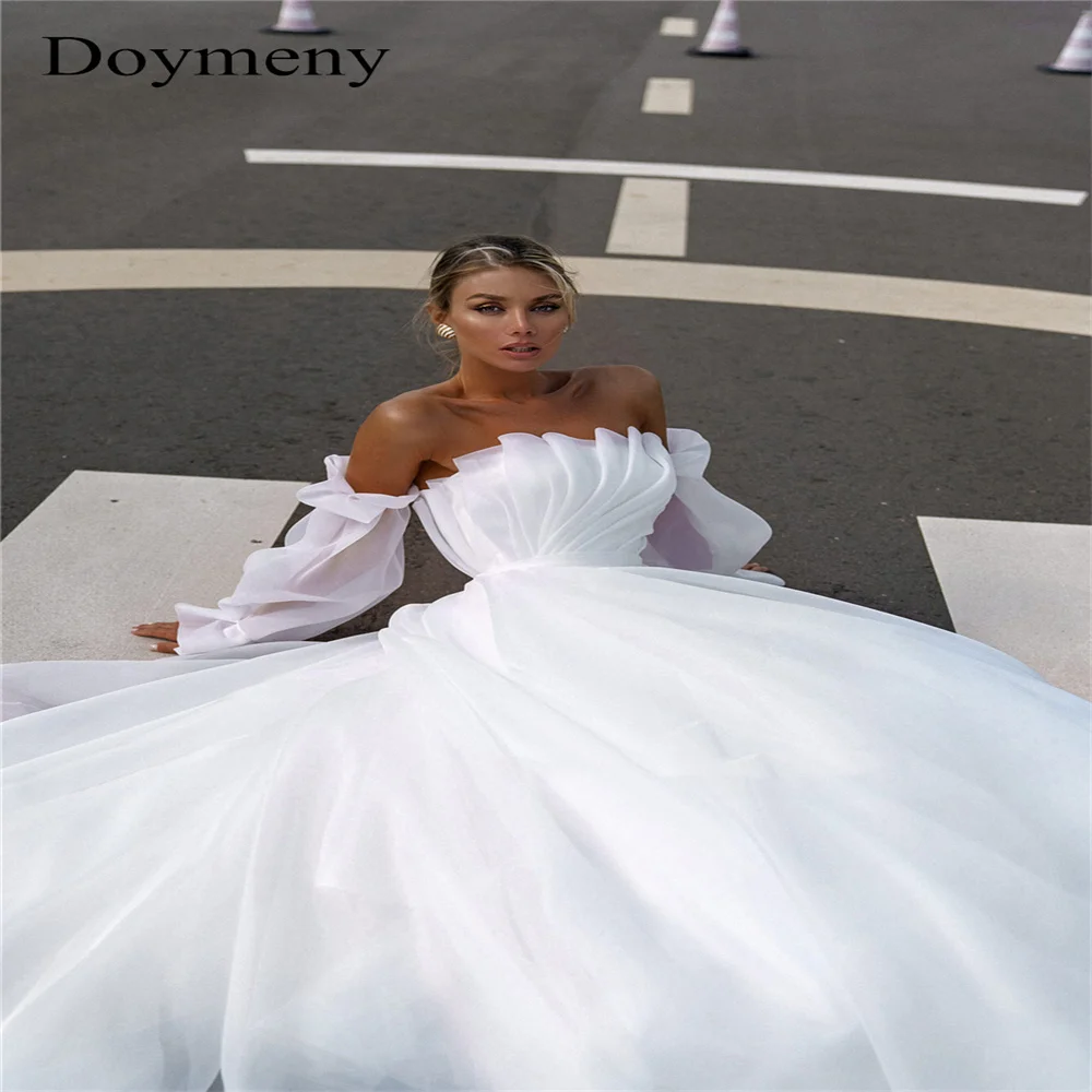 Свадебные платья трапециевидной формы Doymeny, шифоновые, с фестончатыми съемными длинными рукавами, длиной до пола, простые, 2023 Vestido De Casamento Изображение 3 