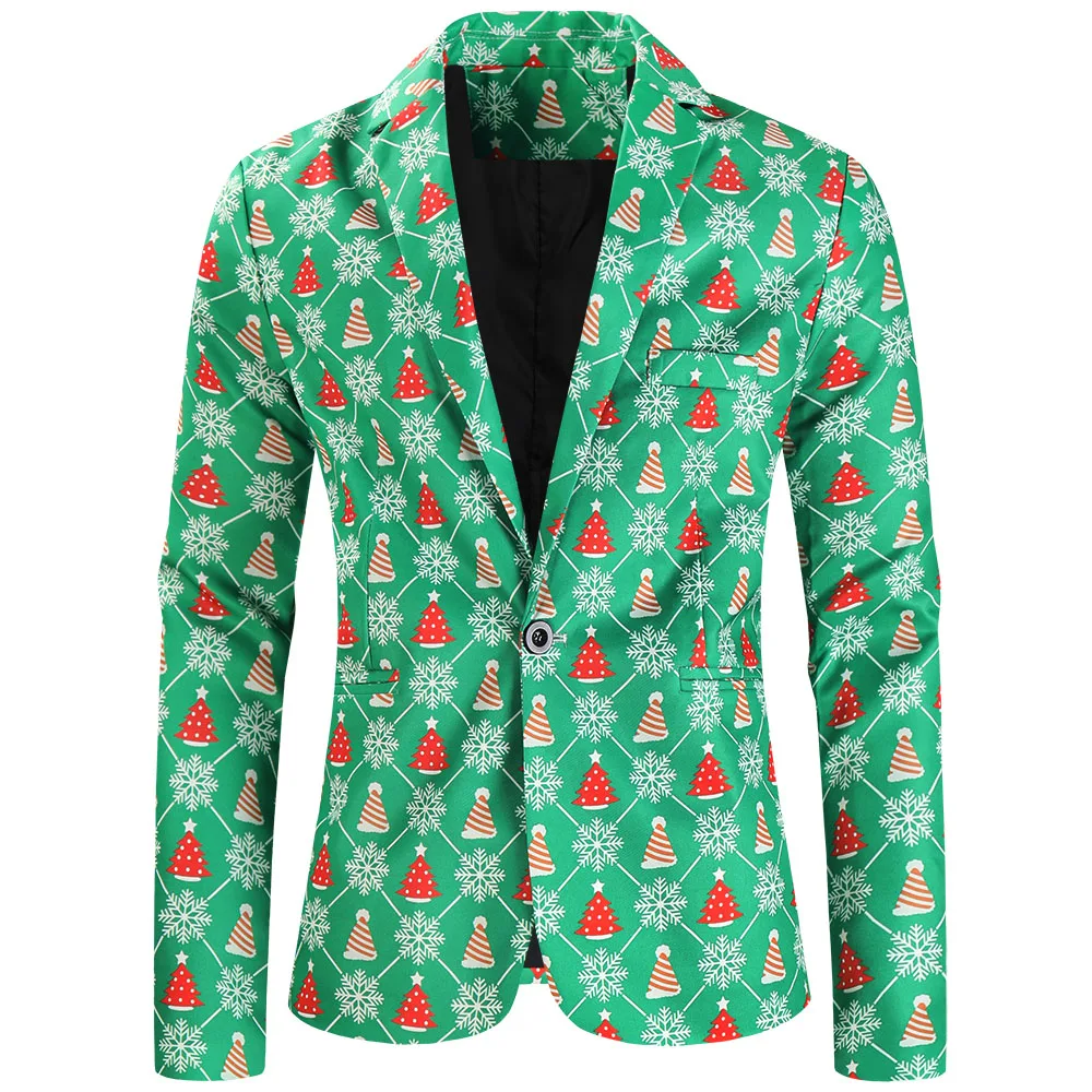 Зеленые Блейзеры с принтом Рождественской елки, куртка для мужчин, Классический приталенный Блейзер на одной пуговице, мужской костюм для Рождественской вечеринки, верхняя одежда для сцены