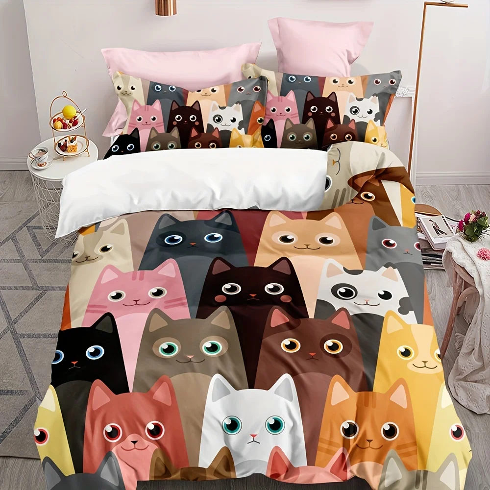 Комплект постельного белья с рисунком кота из 3 предметов - Мягкий и удобный пододеяльник для спальни и комнаты для гостей - 1 пододеяльник и 2 наволочки