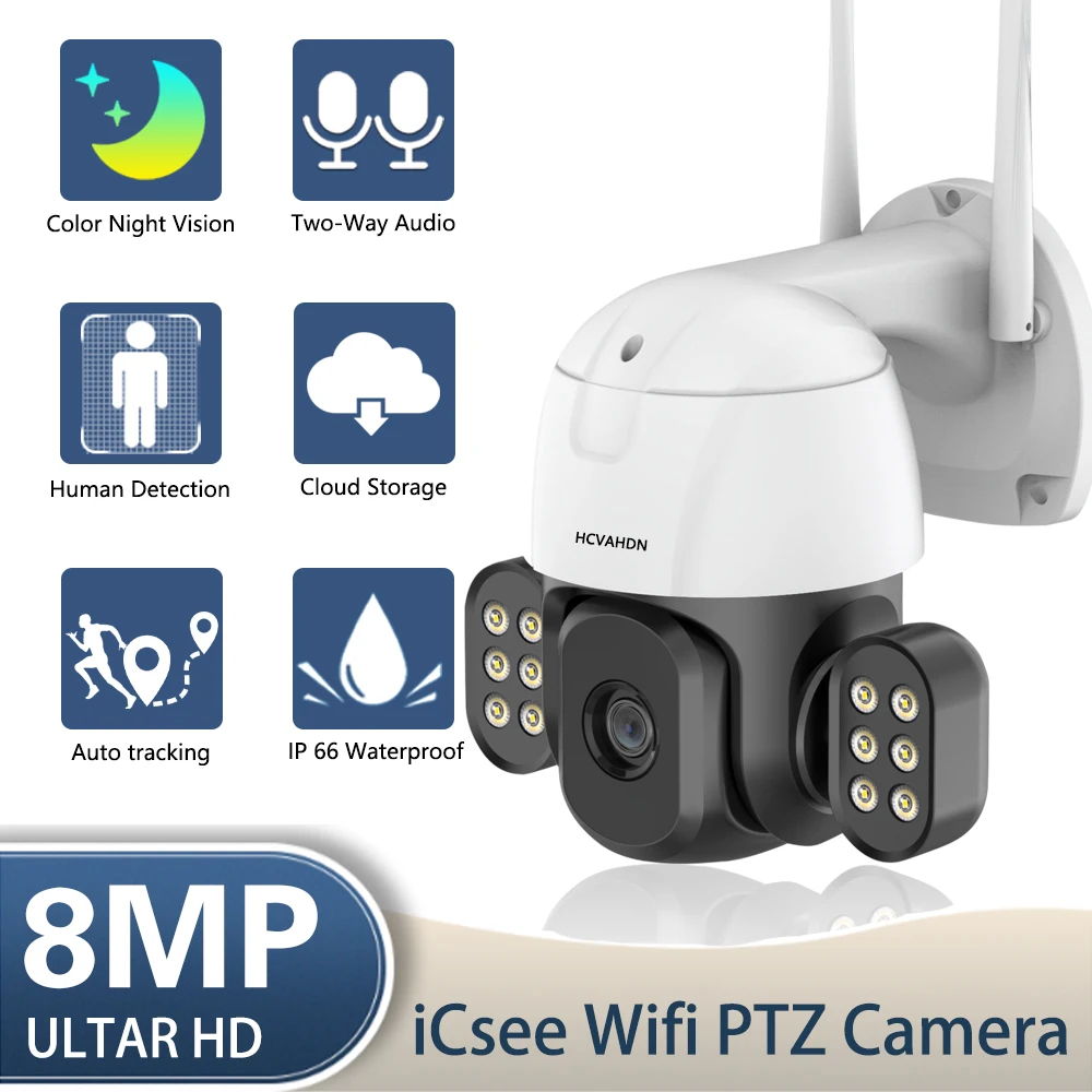 8MP 4K HD WiFi IP Cam Наружная PTZ-Камера с Автоматическим Отслеживанием, Прожекторы, Цветная Камера Ночного Видеонаблюдения, Камера Безопасности
