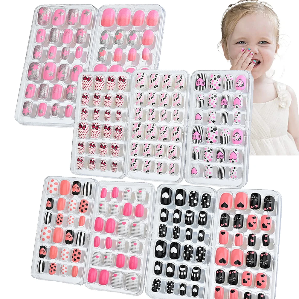 24 шт./кор., детские накладные ногти, детские накладные кончики ногтей, короткое сердечко, Розовый, черный, полное покрытие, милые ногти для маленьких девочек в подарок