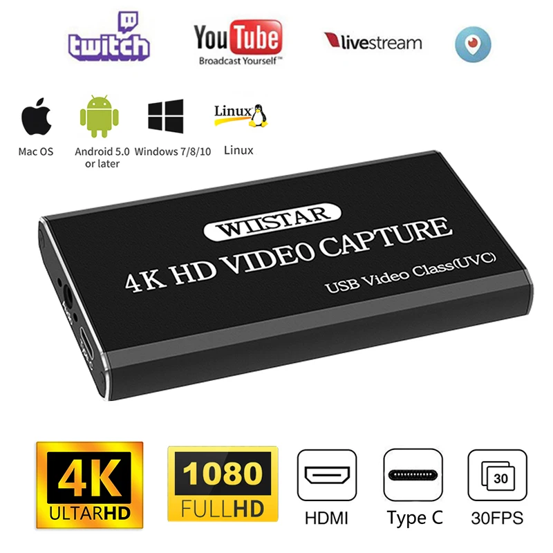 Новая USB-карта захвата аудио-видео HDMI to Type C USB-Видеозахват с аудиовыходом HDMI 4K Loopout 3,5 мм для Windows Mac OS Linux