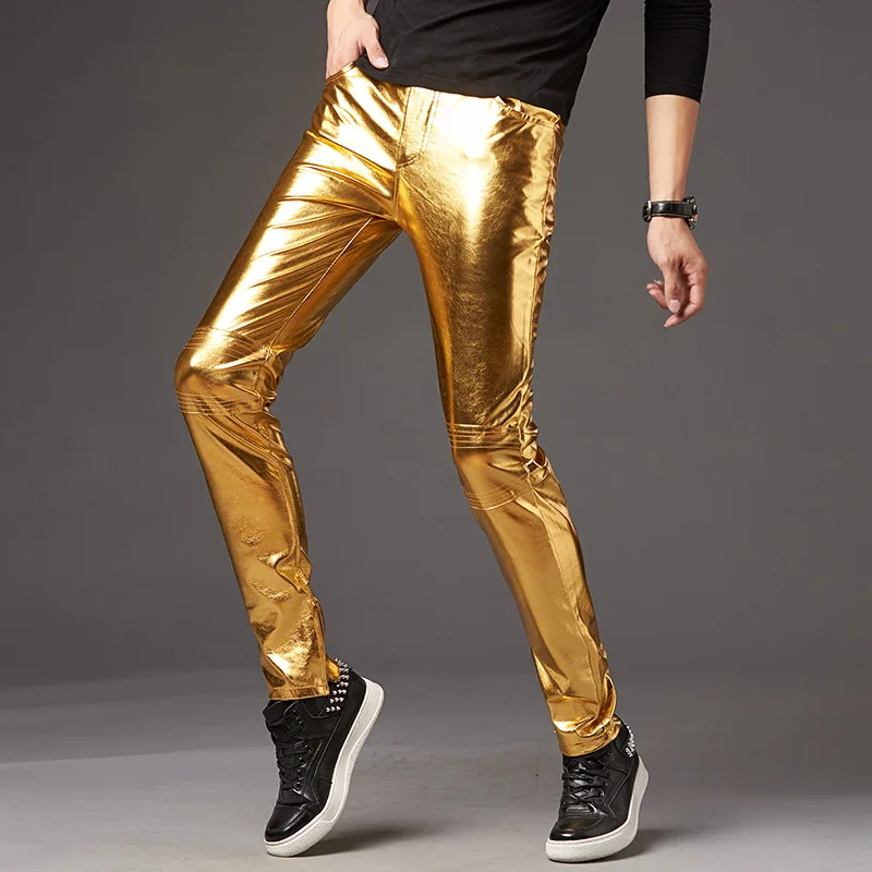 Мужские узкие блестящие Золотистые, серебристые, черные брюки из искусственной кожи, мотоциклетные Мужские брюки для ночного клуба, сценические брюки для певцов, танцоров, повседневные брюки Изображение 4 
