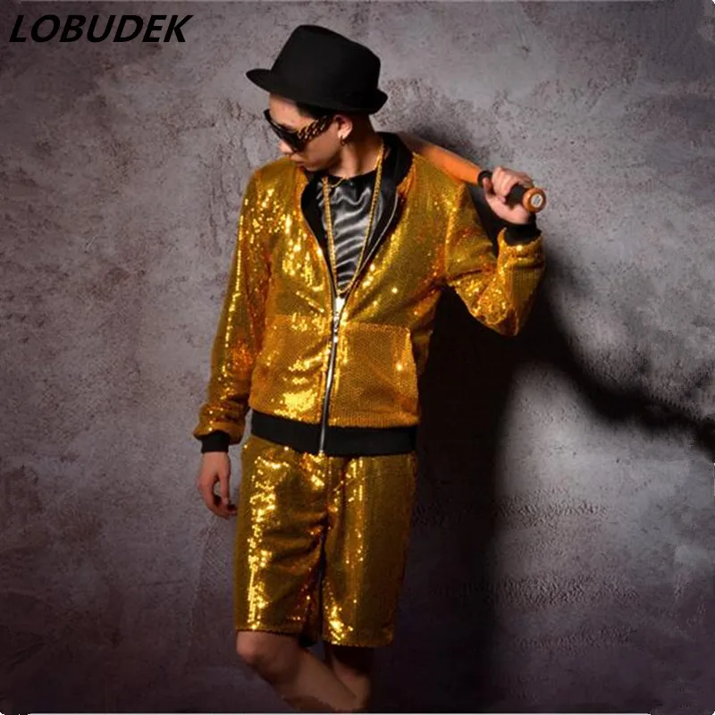 (Куртка + брюки) Комплект из 2 предметов, мужской костюм певца, танцора для джазового выступления, куртка с золотыми розовыми блестками, брюки, одежда для ночного клуба, одежда для бара