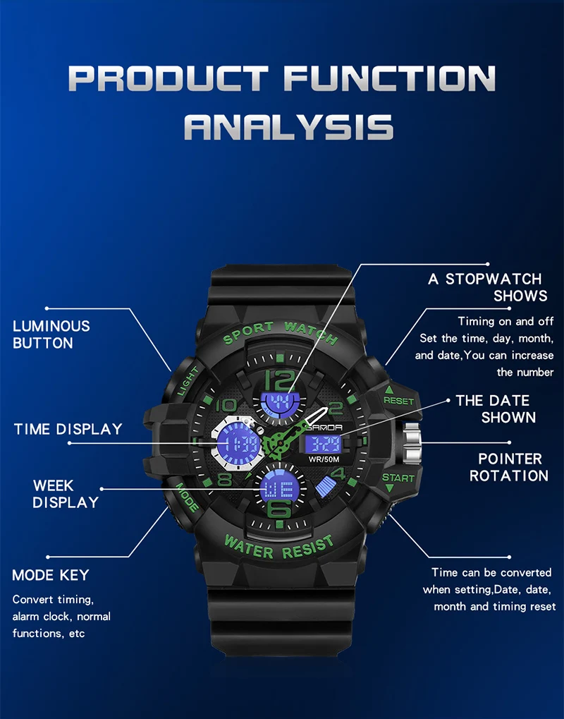 SANDA Мужские военные часы Белые спортивные часы СВЕТОДИОДНЫЕ цифровые водонепроницаемые часы 50 м Мужские многофункциональные часы Relogio Masculino 3168 Изображение 2 