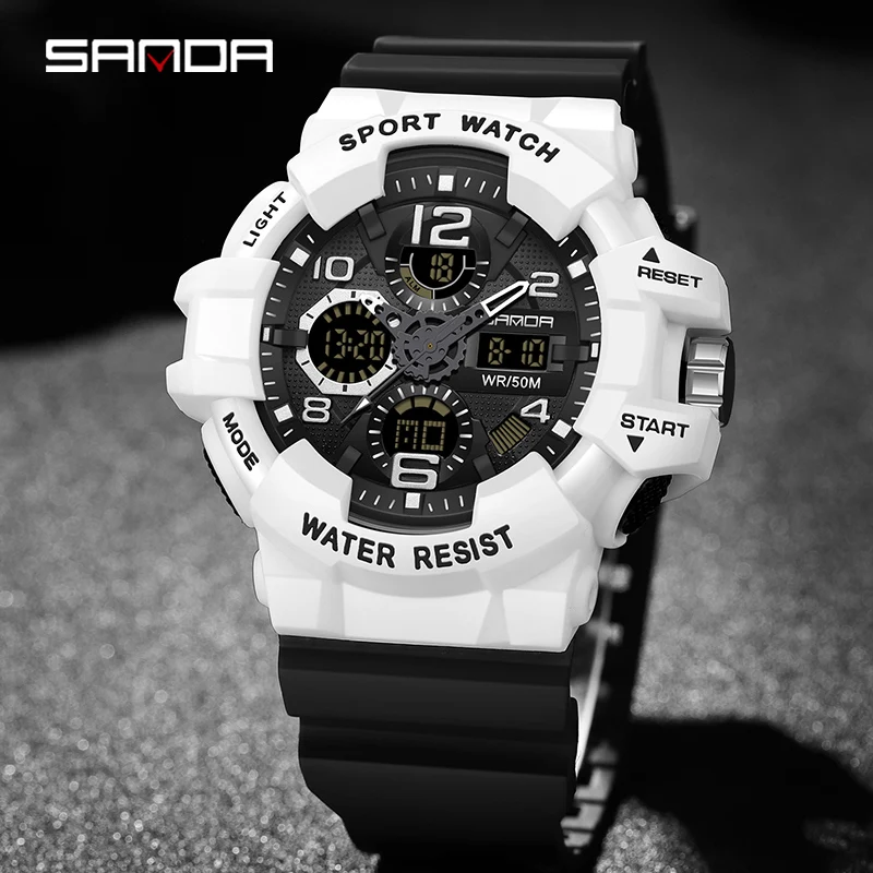 SANDA Мужские военные часы Белые спортивные часы СВЕТОДИОДНЫЕ цифровые водонепроницаемые часы 50 м Мужские многофункциональные часы Relogio Masculino 3168 Изображение 4 