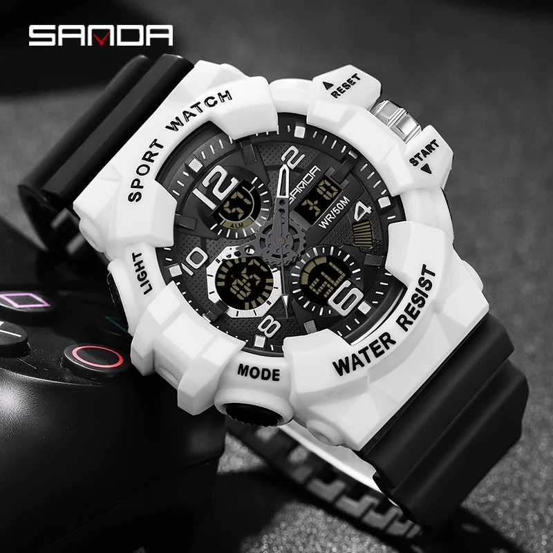 SANDA Мужские военные часы Белые спортивные часы СВЕТОДИОДНЫЕ цифровые водонепроницаемые часы 50 м Мужские многофункциональные часы Relogio Masculino 3168 Изображение 5 