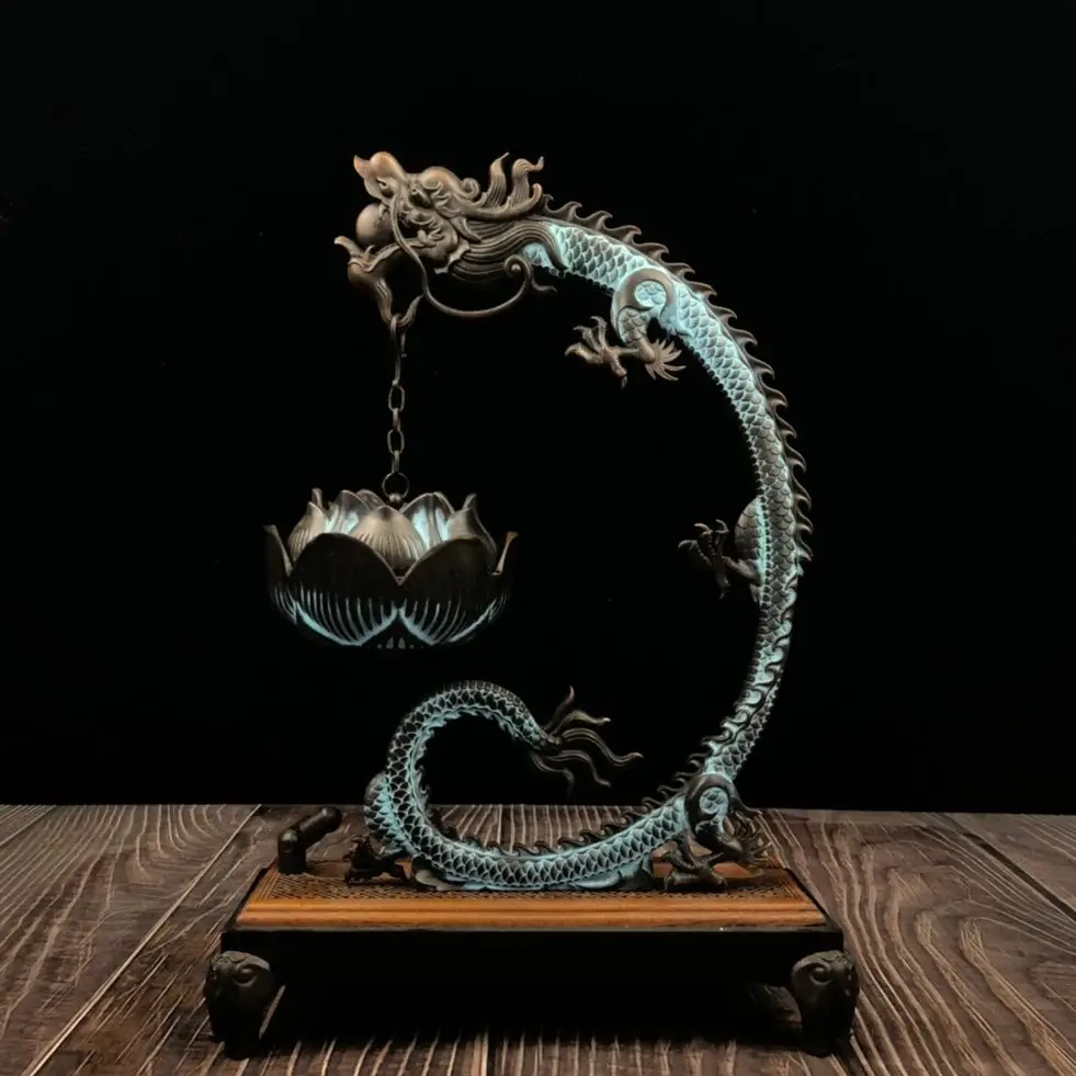 Китайская Сложная Бронзовая скульптура Luck ‘Lotus Dragon', Курильница для благовоний, Металлические поделки, Небольшое декоративное изделие, Украшение для дома