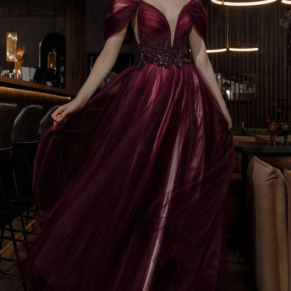 Элегантное вечернее платье с V-образным вырезом и открытыми плечами, Открытая спина, Талия, Аппликации из бисера, А-Силуэт, Высококачественное Модное Вечернее Платье