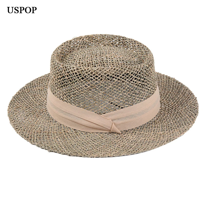 USPOP Новые женские летние шляпы солнцезащитные шляпы из натуральных морских водорослей, дышащие пляжные шляпы с широкими полями, женские соломенные шляпы с лентой