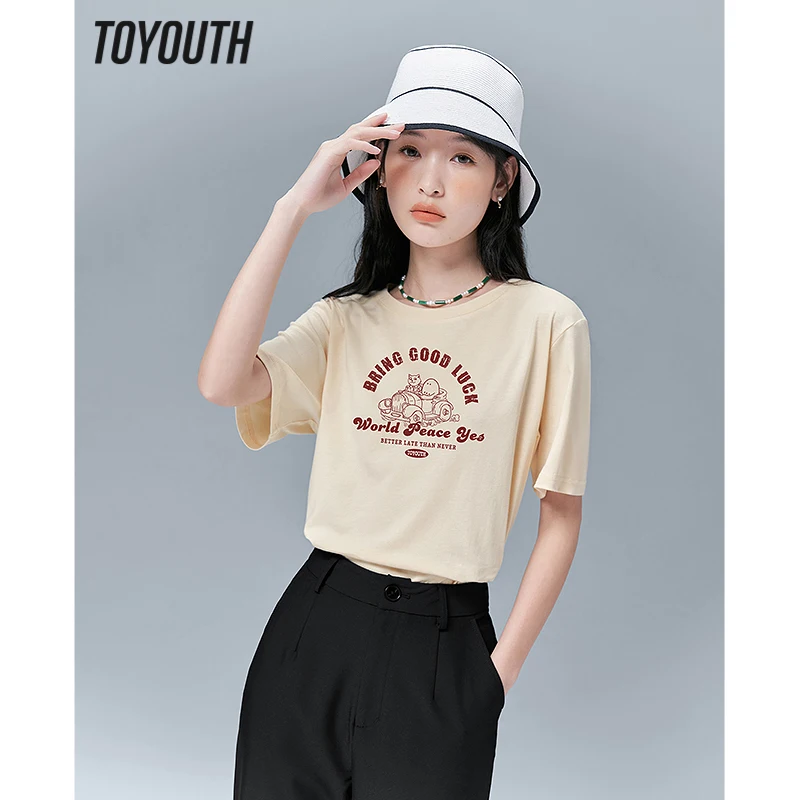 Toyouth/ Женская футболка 2023, Весенние Свободные футболки с круглым вырезом и коротким рукавом, животный цветочный принт, пять цветов, Удобный повседневный топ из чистого хлопка