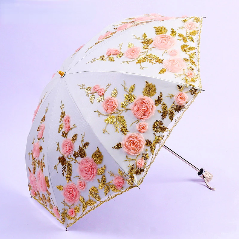 Женский зонт от солнца с двойным складыванием, солнцезащитный, защищенный от ультрафиолета, вышивка 