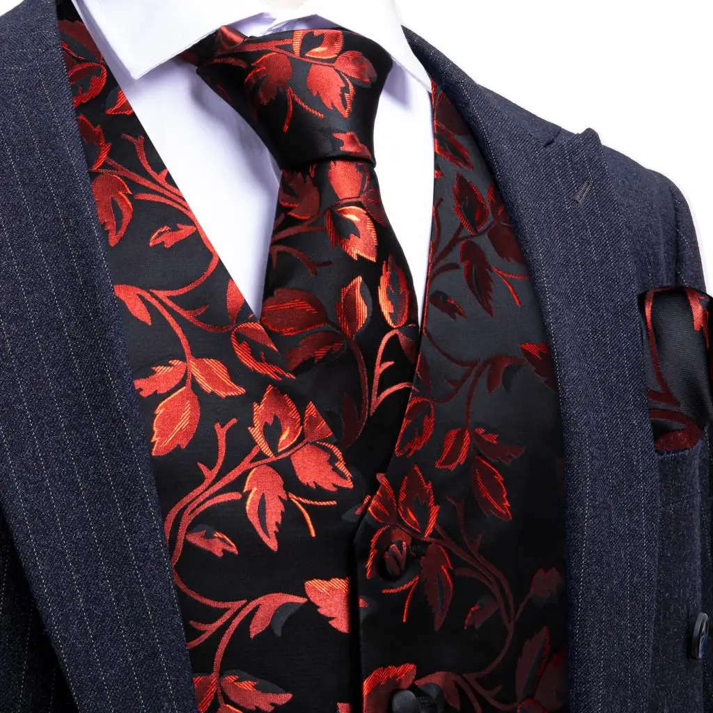 Дизайнерский Красно-черный шелковый жилет для мужчин с листьями, приталенный жилет, галстук-носовой платок, Набор Запонок, Свадебная деловая официальная вечеринка Barry Wang
